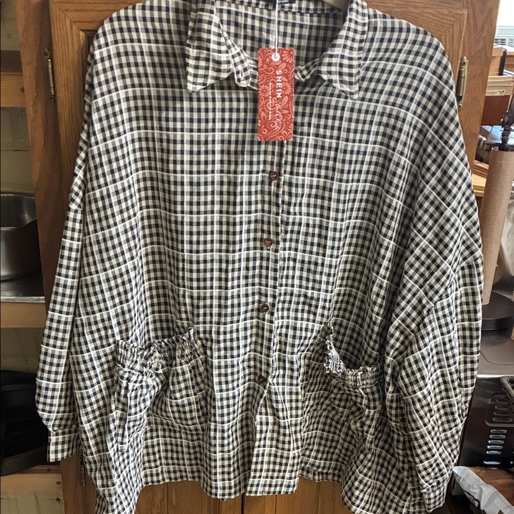 Relaxed Black & White Check Button-Front Shirt